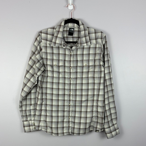 The North Face Cabincore Casual Plaid Long Sleeve Snap Front Shirt Large Grey - Picture 2 of 15
